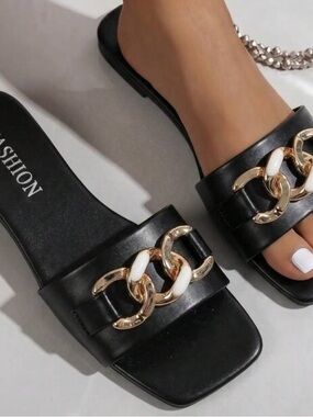 Black Slide Sandals with Gold Chain Accent - Women